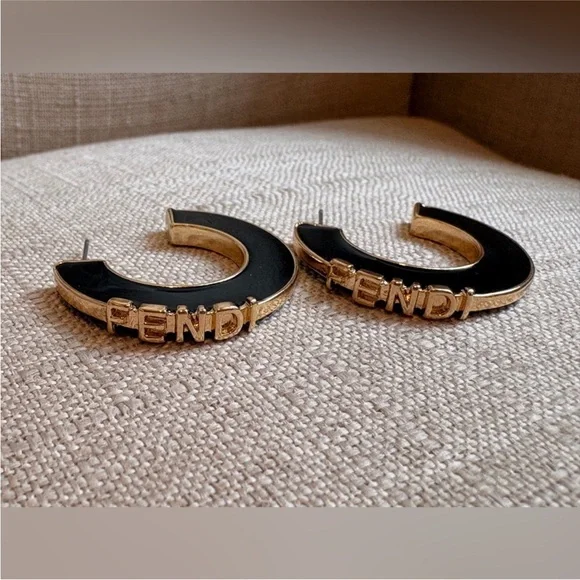 Fendi Black and Gold Logo Hoop Earrings - Picture 6 of 8
